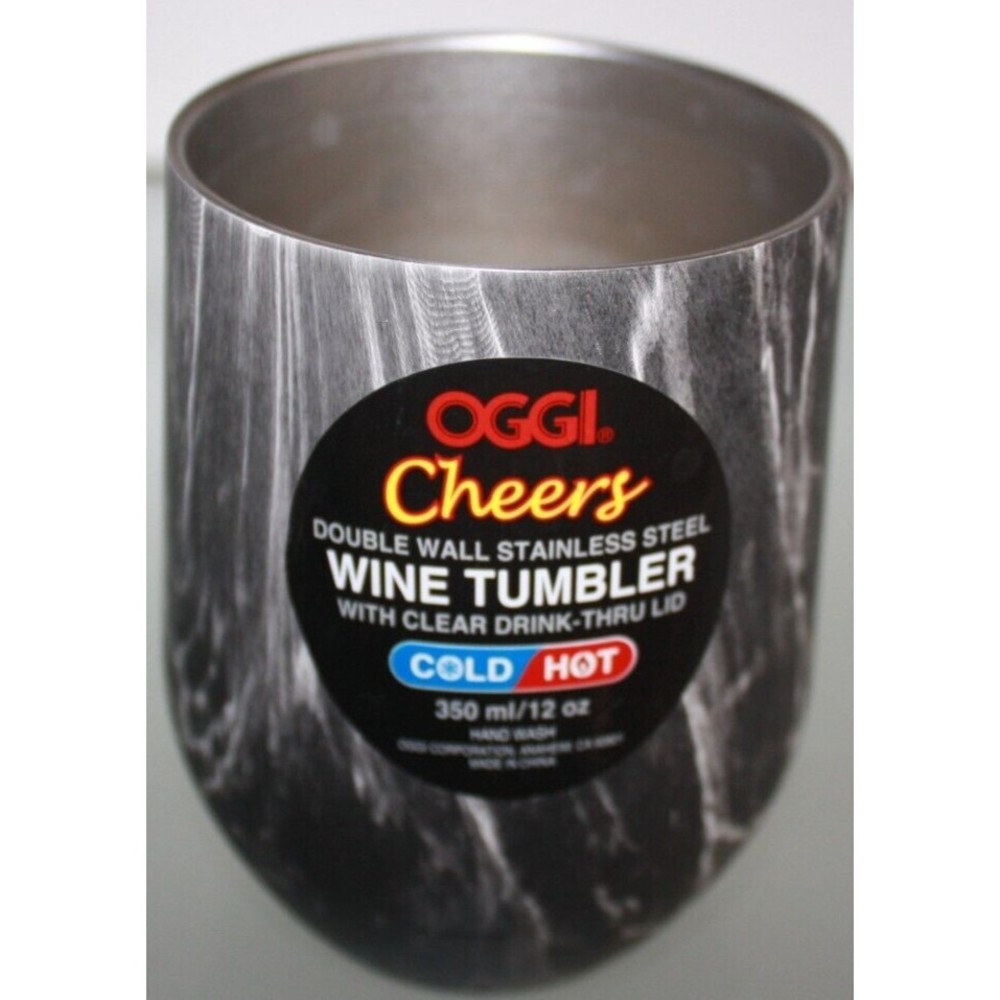 OGGI Cheers Wine Tumbler Double Wall Stainless Steel Gray Swirl 12 Oz NWT